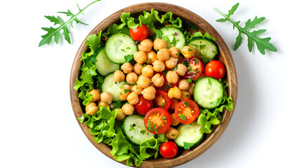 Wall Mural - Tasty salad with chickpeas, cherry tomatoes and cucumbers isolated on white, top view