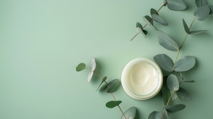 Wall Mural - Organic cream jar with eucalyptus leaves on green surface Top view with copy space Beauty spa product concept