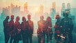 © touseef - Double exposure image of diverse business professionals in conference meeting with city office building background representing successful partnership, teamwork, and collaborative business deal