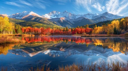 Sticker - A panoramic view of a serene mountain landscape in autumn, colorful trees with red, orange, and yellow leaves, a crystal-clear lake reflecting the mountains, snow-capped peaks in the background