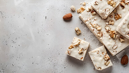 Canvas Print - Pieces of delicious nutty nougat on light gray table, top view. Space for text