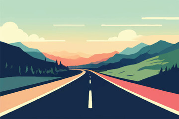 Wall Mural - Highway Vector background. Road landscape. Beautiful Landscape showing view of a road. vacation trip. Vector Illustration.	 Highway with beautiful sky.