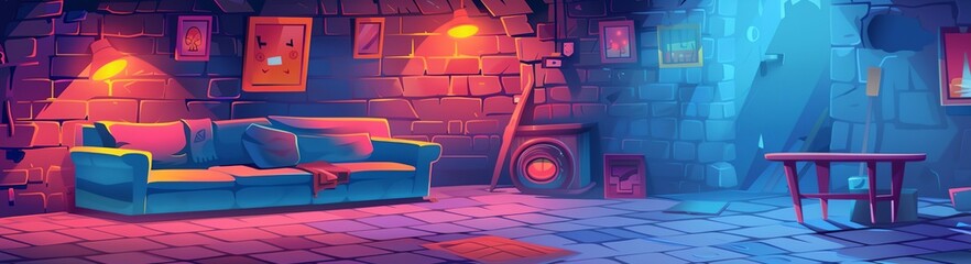 Wall Mural - A room with a couch and a table. The room is dimly lit and has a blue couch