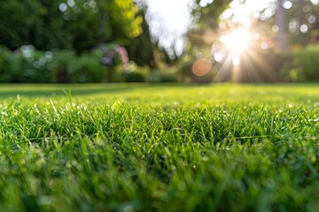 Wall Mural - A bright sunny day with a beautiful green lawn. The sun is shining brightly on the grass, making it look fresh and inviting. The scene is peaceful and serene