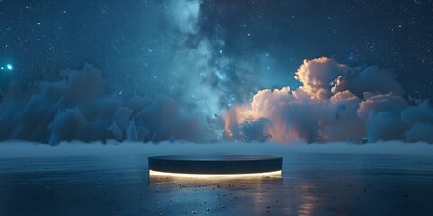 Wall Mural - a large, round, white object is floating in the sky above a body of water. the sky is filled with st