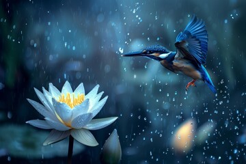 A kingfisher flew towards a lotus flower, with light rain falling in the background, and small water droplets on the lotus flower