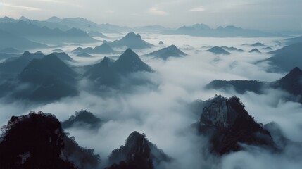 Wall Mural - In the early morning, foggy mountains in southern China were covered with dense clouds and mist