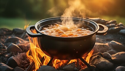 Photo of a cauldron with broth simmering on the fire. Cooking, tradition, taste. A picture of dynamic action and culinary pleasure.