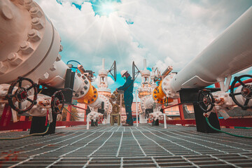 Wall Mural - Male worker inspection at steel long pipes and pipe elbow in station oil factory during refinery valve of visual check record pipeline tank