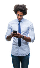 Poster - Afro american business man texting using smartphone over isolated background with a confident expression on smart face thinking serious