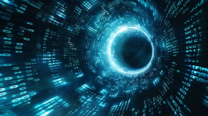 Blue sci-fi tunnel with digital symbols abstract 3D rendering