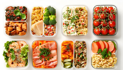 Wall Mural - Different delicious meals in containers isolated on white, top view. Healthy diet