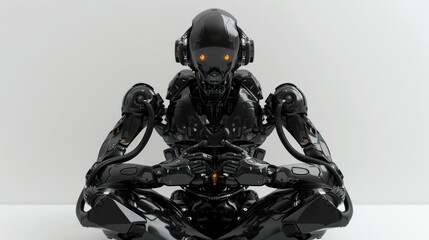 Sticker - Female cyborg doing a heart gesture with her fingers in front of her chest. Cyborg girl showing her love. Girl in futuristic black armor suit. 3D rendering on white background.