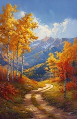 Wall Mural - Winding Path Through Golden Aspen Trees and Mountains in Autumn