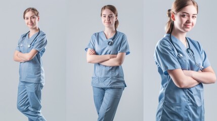 Wall Mural - Full body image of a beautiful nurse. Bright day. Many poses and expressions.