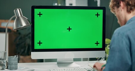 Office, green screen and business man with notebook, planning and checking for info on page. Back, software developer and monitor for application development, website and look for solution in diary