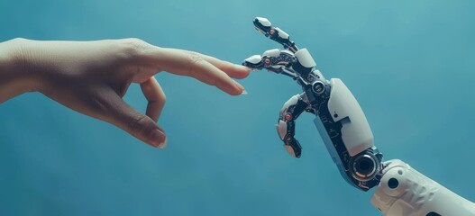 Wall Mural - The white cyborg finger is about to touch the human finger against a blue background. It is a 3D render of a robot hand used in futuristic design concepts, futuristic technology for businesses.