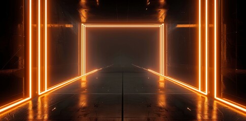 In this 3D rendering, we see a shining neon neon orange background futuristic. This is perfect for advertising, showrooms, technology, future, modern, sports, and metaverse.