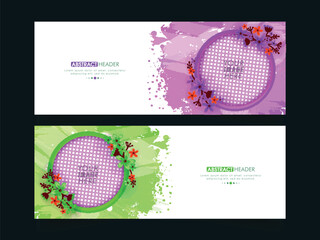 Sticker - Abstract Style Website Banner or Header Design Set with Blank Floral Frame for Advertising.