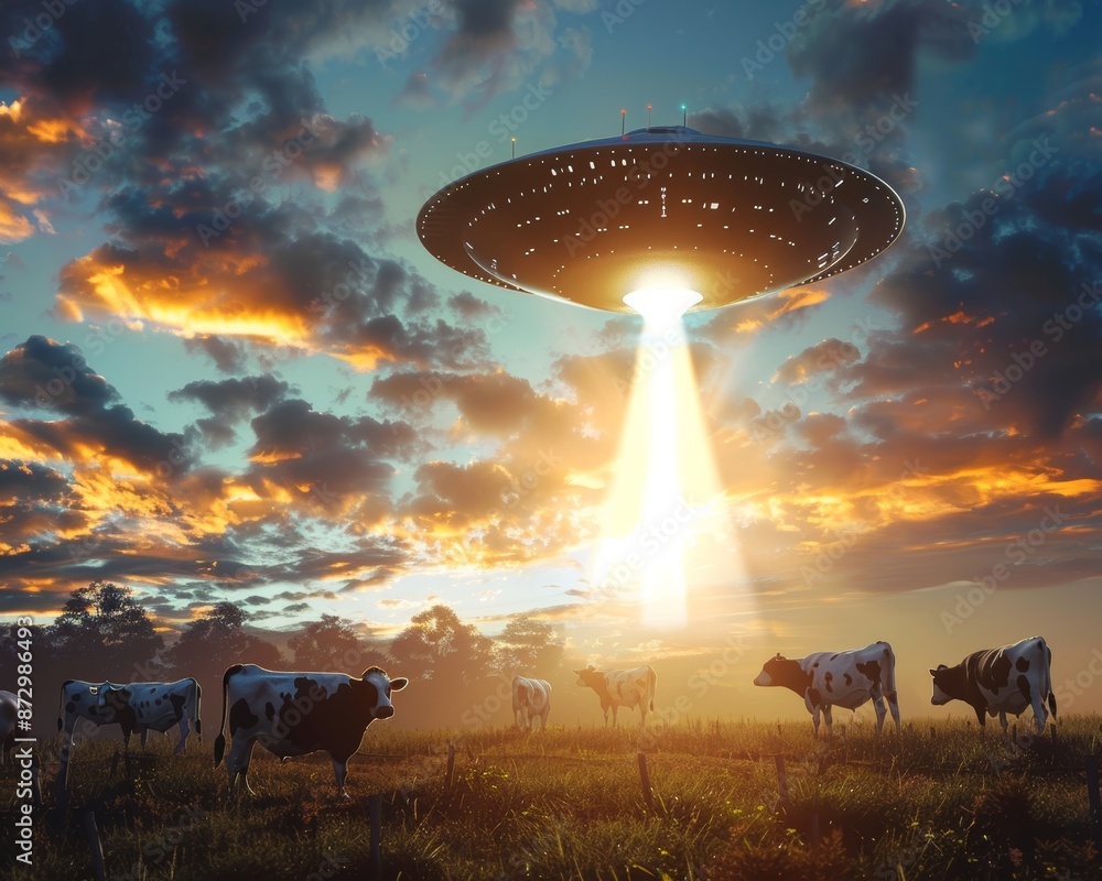 Cow on the farm being pulled by the tractor beam of the alien ...
