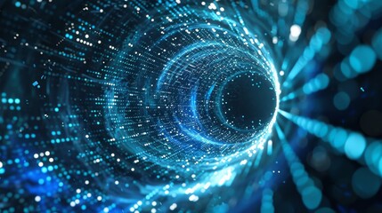 Abstract 3D rendering of a blue sci-fi tunnel with digital symbols