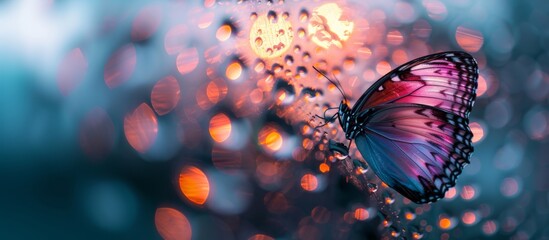 Colorful Butterfly on Raindrop-Covered Glass. A vibrant butterfly rests on a raindrop-covered glass surface with a dreamy bokeh background of warm, glowing lights. Banner with copy space