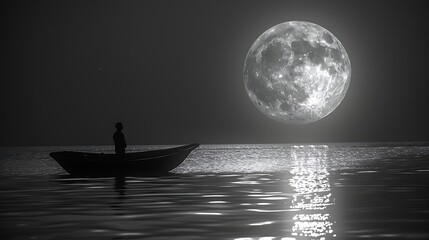 A solitary figure in a rowboat, silhouetted against a massive moon reflecting off the rippling water.