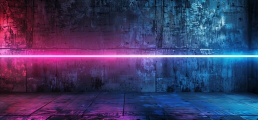 Wall Mural - An updated version of a sci-fi futuristic neon light show scene modeled as a 3D virtual presentation of purple blue laser lines and reflective concrete grunge layered over a retro modern garage