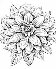 Wall Mural - Intricate black and white flower illustration with detailed petals and leaves