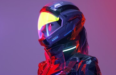 Canvas Print - On a red background, a lowpoly illustration of a sci-fi warrior woman clad in a futuristic robot armored suit and glasses is rendered in 3D.