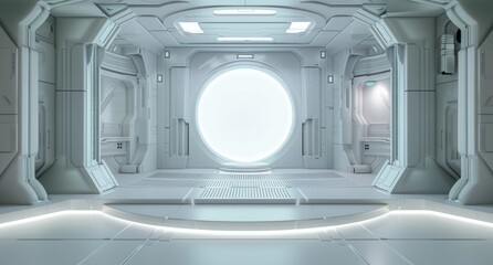 Wall Mural - An empty stage in a futuristic interior with a contemporary futuristic background. Sci-fi hi-tech concept in 3D.