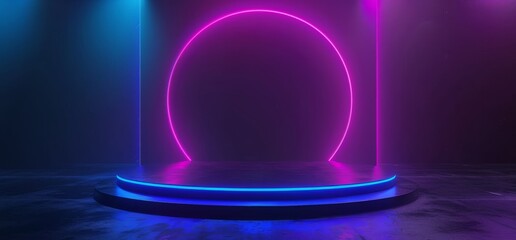 Poster - A sci-fi futuristic stage with neon glows and vibrant laser beams on a shiny glossy circle stage mesh floor integrating a clean modern spaceship cyber background.