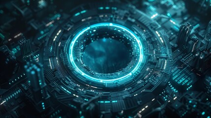 Poster - 3D rendering of abstract technology product display with a luminous sci-fi circle circuit hud against a blue dotted data and microchip background.