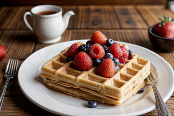 Sticker - A plate of waffles with strawberries and blueberries on top