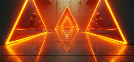 Poster - The futuristic sci-fi neon laser electric cyber glowing bunker of orange vivid lights, garage, hallway, corridor tunnel, cement concrete grunge and basement club of 3D rendering has a futuristic