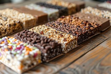 Wall Mural - Assorted Nut and Chocolate Bars on Wooden Table