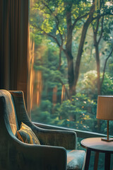 Wall Mural - A close-up shot of the window in an elegant hotel room, overlooking lush greenery and trees outside. The soft morning light filters through the leaves creating dappled shadows on the walls.