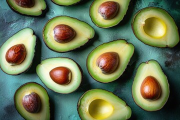 Wall Mural - Fresh Halved Avocados on a Green Background - Healthy and Nutritious Food Concept