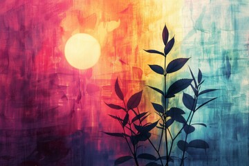 Wall Mural - Colorful Silhouette of Leaves Against Abstract Background