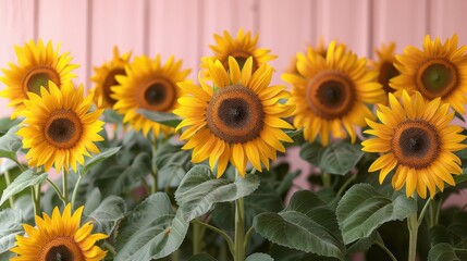 Wall Mural - Bright Yellow Sunflowers in Full Bloom Against a Pink Wooden Fence on a Sunny Day