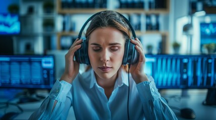 Young woman wearing headphones sitting in front three computer monitors, software internet hardware coding