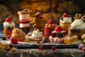 Wall Mural - A collection of best-selling and delicious dessert sweets elegantly arranged on a table, set against an unusual and captivating background