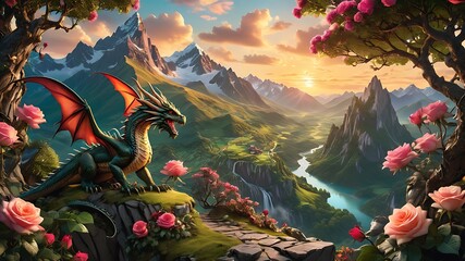 Wall Mural - Dragon on Mountains generated By AI  technology