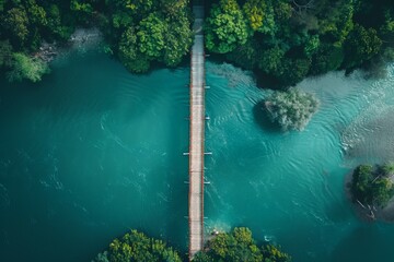 Wall Mural - Aerial View of a Wooden Bridge Over Turquoise River