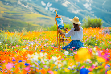 A woman painting a landscape on an easel in a colorful field of flowers.