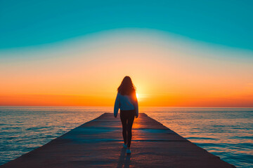 A woman walking along a pier at sunset, with the ocean stretching out before her.