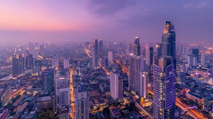 Wall Mural - Aerial view of Bangkok cityscape around Rama 9 area at dawn, with skyscrapers and streets illuminated in soft lavender and gold hues.