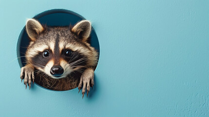Raccoon peeking through a hole in a blue wall, close-up view. Curious animal concept