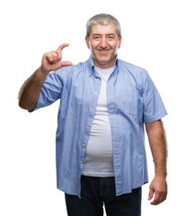 Wall Mural - Handsome senior man over isolated background smiling and confident gesturing with hand doing size sign with fingers while looking and the camera. Measure concept.