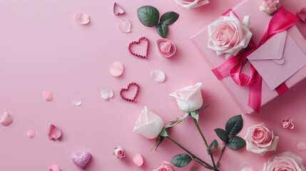 Poster - Valentine s Day theme with pink roses heart shaped gift box and love letter on pink backdrop